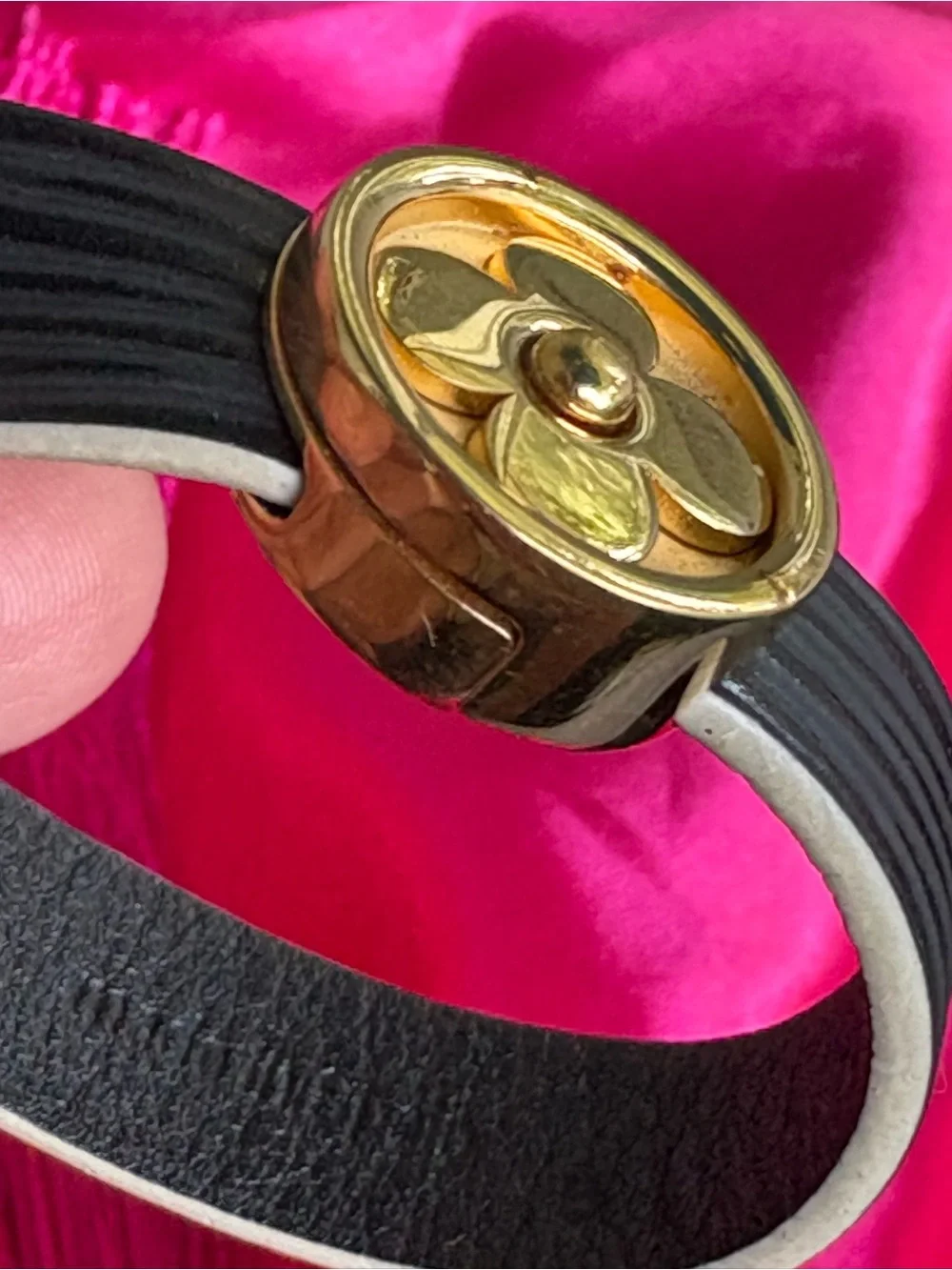 Louis Vuitton Black Leather Bracelet with Gold Monogram Medallion